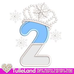 Snow Queen Birthday Number 2 Letter Alpha Snowflake Crown and snow flakes Design applique for Machine Embroidery