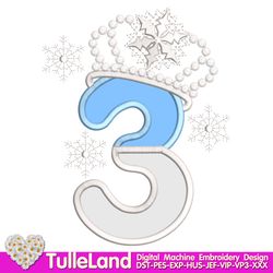 Snow Queen Birthday Number 3 Letter Alpha Snowflake Crown and snow flakes Design applique for Machine Embroidery
