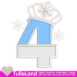 Snow Queen Birthday Number 4 Letter Alpha Snowflake Crown and snow flakes Design applique for Machine Embroidery