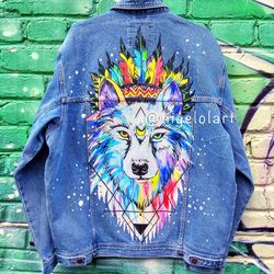 Wolf Painted denim jacket wolf in feather tattoo Jeans jacket Personalized jacket