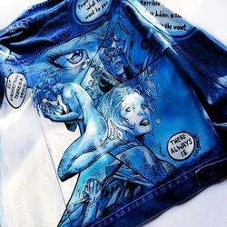 hand painted unisex denim jacket,comic book art jean jacket,custom denim clothing, custom clothing,personalized pattern.