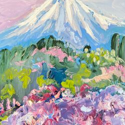 Volcano Original oil painting on cardboard Abstract landscape painting Fujiyama mountain Impressionism Impasto Decor art