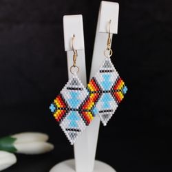 White native american beaded earrings Geometric shape earrings handmade, gift for wife