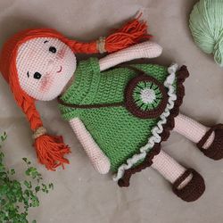 Crochet Doll with red Hair , Amigurumi doll with clothes ,soft doll for play