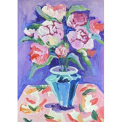 Peonies, Original gouache painting on paper, Fauvism art, Matisse inspired, Still life, Flowers painting, Naturmort art