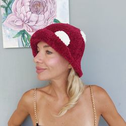 Mushroom Hat Crochet Bucket Hat Faux Fur Red Mushroom Bucket Hat Bucket Hat Fuzzy Bucket Hat for Women