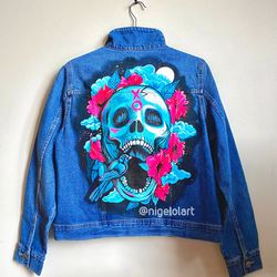 Painted denim jacket Day of the Dead in Mexico scull skull  death's head Jeans jacket Personalized jacket Birds