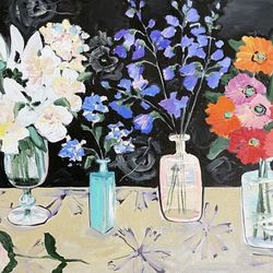 flowers oil painting peonies and zinnias fauvism art matisse inspired abstract still life interior mothers day wall art