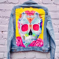 Painted denim jacket Day of the Dead in Mexico scull skull  death's head Jeans jacket Personalized jacket