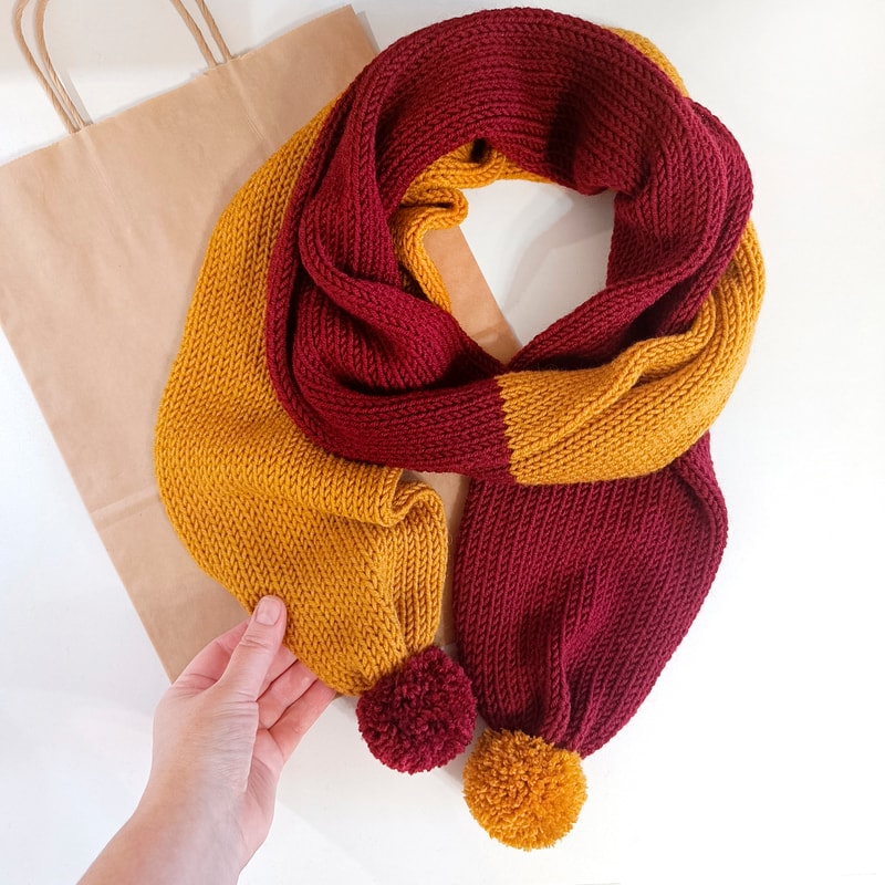 Pompom scarf Gryffindor knit scarf Unisex handknit scarf Double knit scarf Winter handknit wool scarf long knit scarf