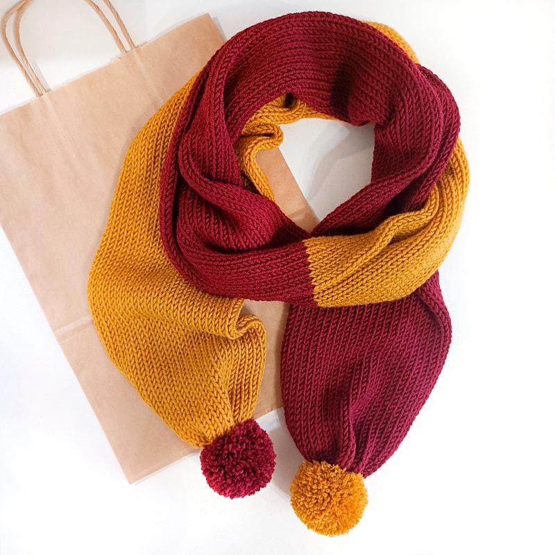 Pompom scarf Gryffindor knit scarf Unisex handknit scarf Double knit scarf Winter handknit wool scarf long knit scarf