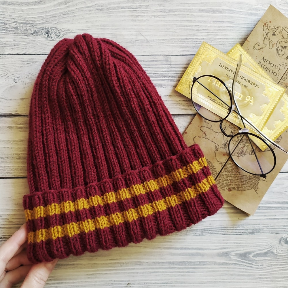Griffindor ribbed handknit women hat Christmas gift for her Ribbed hat Griffindor hats Women hat Red hat2.jpg