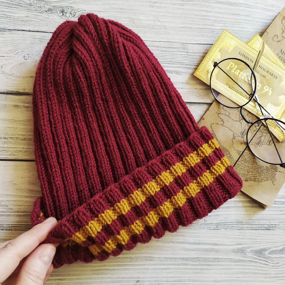 Griffindor ribbed handknit women hat Christmas gift for her Ribbed hat Griffindor hats Women hat.jpg