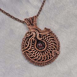 Wire wrapped copper pendant necklace / Natural garnet / Gift for her Handmade / Unique wire wrap copper jewelry