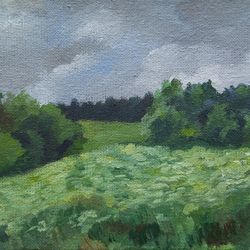landscape painting meadow original art neutral green landscape original painting small artwork oil trees landscape art