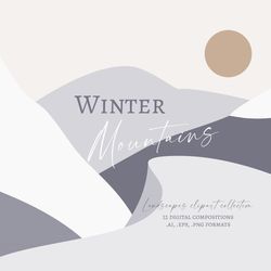 Mid-century modern winter abstract landscape clipart. Contemporary illustrations with grey mountains, hills and moon