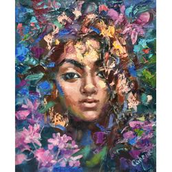 girl painting original art portrait woman artwork purple flowers small impasto impressionism