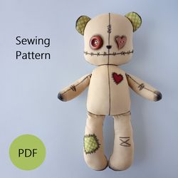 Teddy Bear Sewing Pattern PDF, Stuffed Animal Tutorial, Creepy Cute Doll, Goth bear, Halloween Decor, Instant Download