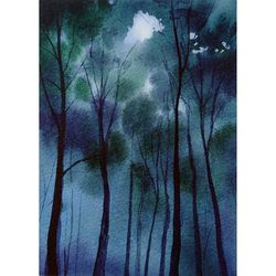 Foggy Forest Painting Trees Original Watercolor Misty Forest Art Misty Trees Artwork 5x7 by Sonnegold
