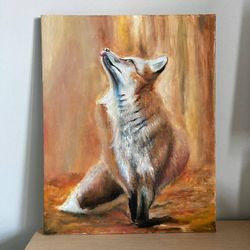 Red Fox Oil Painting, Original Painting On Canvas, Fox Artwork, Cottagecore Decor, Fox Forest Painting, Fox Wall Art