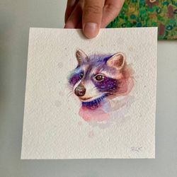 Cute Raccon Painting, Original Watercolor Painting, Cosmic Raccon Wall Art, Small Watercolor, Animal Paintings, 5 by 5