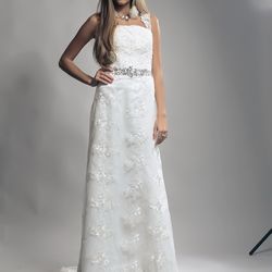 classic stile pensil wedding dress. synthetic lace fully embellished with rhinestones embrodery sequins and beads. fairy