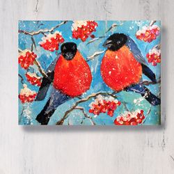 red bird painting bullfinch original painting. snow bird small artwork, christmas gift