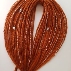 DE dreads crochet (double ended dreadlocks) ginger fake hair kanekalon scandinavian braids, beads, shells