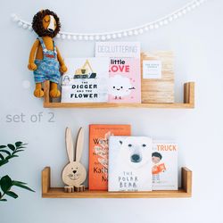Set of 2 Floating Wall Book Shelves for Kids Room, Oak Wood Nursery Bookshelves