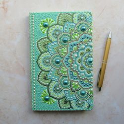 Aesthetic notebook, Mandala notebook, Painted journal, Hardcover notebook, Mint pearl journal, Notepad, Squared notebook
