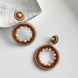 Hoop earrings crystal pearls, embroidery earrings stud, evening earrings for women, golden hoop earrings
