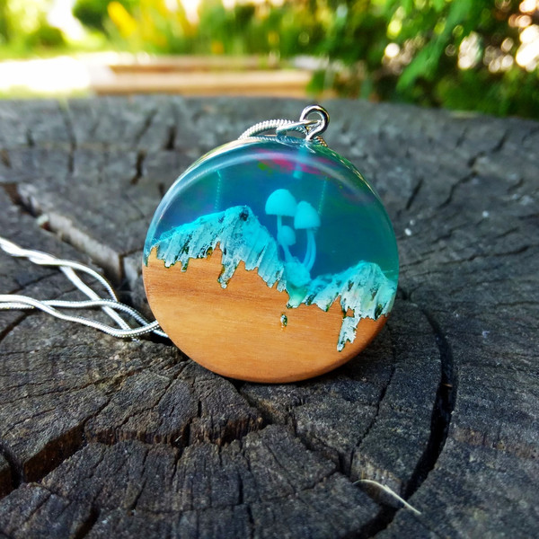 Mushroom wood pendant Necklace with a forest composition Bio plant based resin necklace (2).jpg