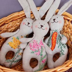 Linen bunny doll ,stuffed animal , bunny rag doll , linen bunny with handmade embroidery , linen toys , funny bunny