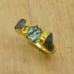 Raw Natural Labradorite Electroplated Brass Handmade Ring