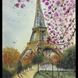 Original watercolor painting by Handkub Art, Paris Eiffel Tower