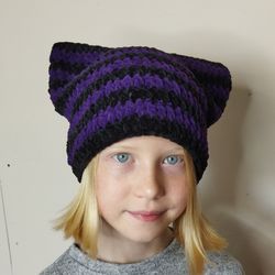 Striped beanie with ears Cat ears beanie crochet Fluffy beanie with cat ears Plush beanie hat purple black