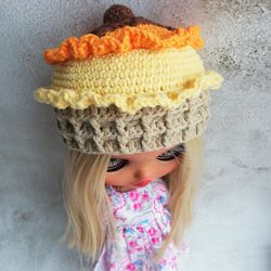 Blythe hat crochet orange yellow Ice Cream with chocolate for custom blythe halloween clothes blythe accessories