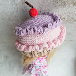 Blythe hat crochet Cupcake with pink lilac cream for custom blythe doll helloween clothes blythe accessories