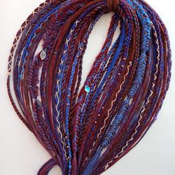 DE dreads crochet (double ended dreadlocks) blue, red, violet. Scandinavian braids, beads