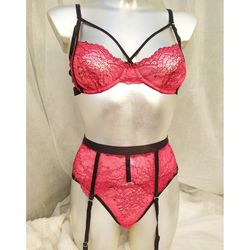 RED sexy lingerie set bra, belt stockings, panties. stretch lace boudoir lingerie erotic underwear for romantic evening