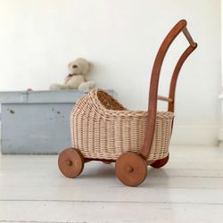 Doll stroller. Wicker toy pram. Perfect gift for Christmas. Christening gift for little gir. Doll accessories