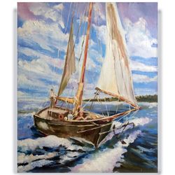 Sailboat painting Original art Yacht painting Canvas Gallery Wrap Seascape wall art, Impressionist art