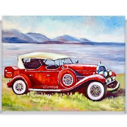 Original oil painting, Vintage Automobile, Old car painting California Red oldsmobile art, Retro car wall art, Gift idea