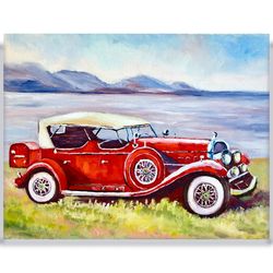 original oil painting, vintage automobile, old car painting california red oldsmobile art, retro car wall art, gift idea