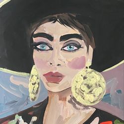 Audrey Woman portrait Original gouache painting on paper Famous actress portrait painting Fauvism Golden earrings Decor