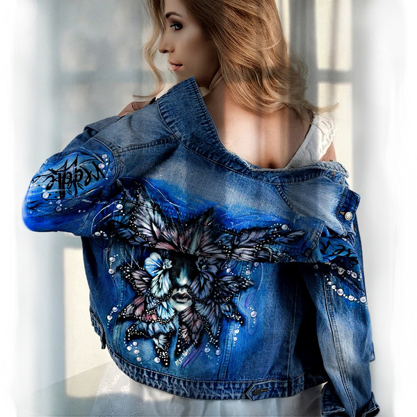 hand painted women jacket-jean jacket-denim jacket-girl clothing-designer art vintage-wearable art-custom clothes-2.jpg