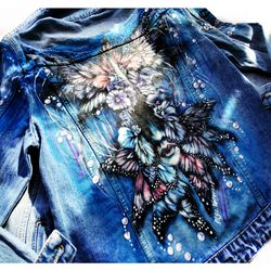 Hand Painted Denim jacket with art vintage,alternative clothing, custom clothing, personalized pattern,one of a kind