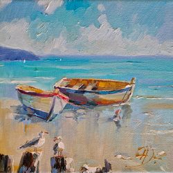 seascape painting oil canvas small artwork 8 / 8 inches original painting sailboat on beach by natalena