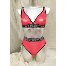RED BLACK sport-chic lingerie set of stretch mesh, intimate sexy boudoir underwear for romantic evening. everyday clothe