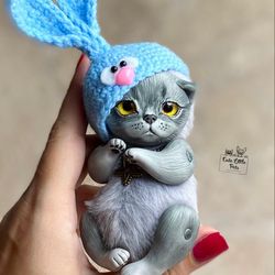 Kitten doll tiny cat, gray realistic miniature toy collectible dolls handmade funny bunny gift, in a hat